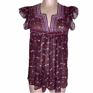 Ulla Johson Silk Floral Sheer Blouse Top Boho Bohemian Peasant Sz 4
